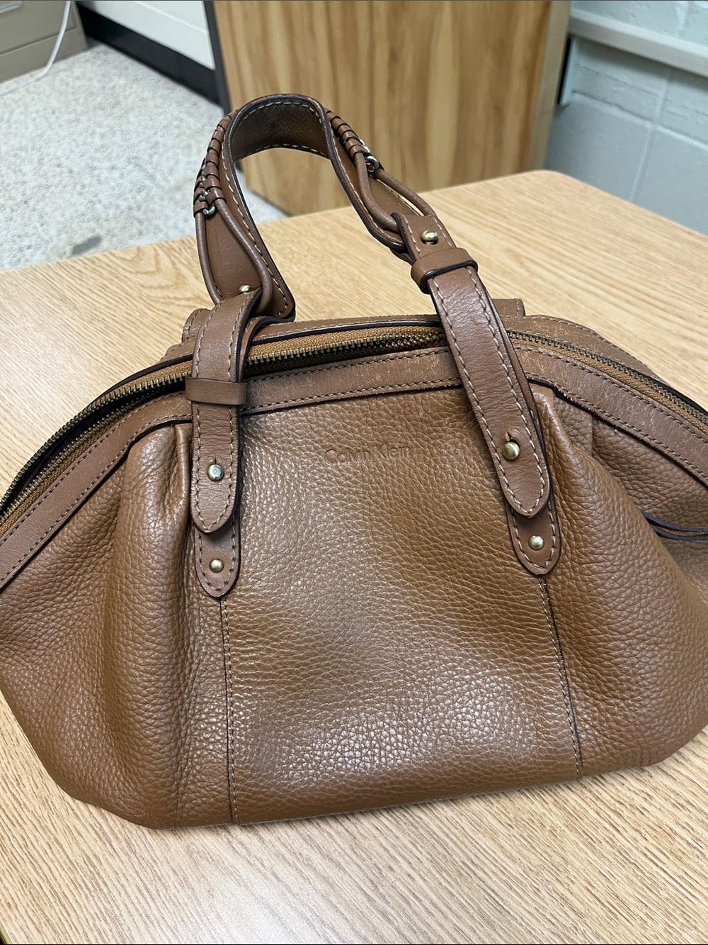 Calvin Klein Brown Pebbled Leather Satchel Handbag